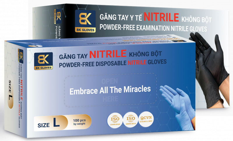 GĂNG TAY NITRILE KHÔNG BỘT - BK GLOVES - MÀU XANH, ĐEN, TRẮNG
